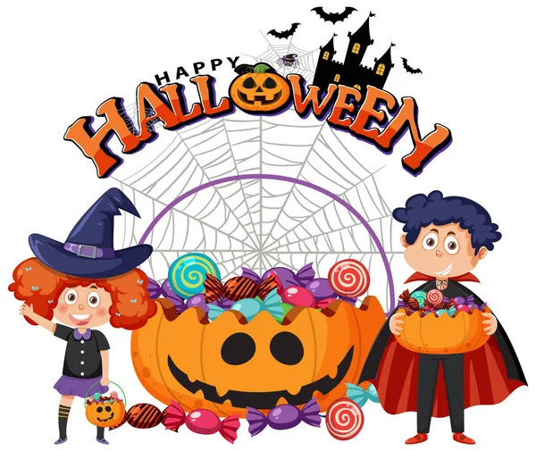 Happy Halloween Text Logo Cartoon Character Illustration — Stock Vector