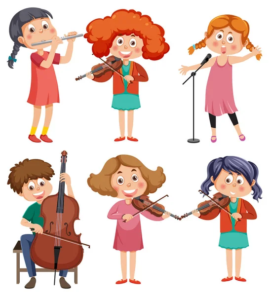 Conjunto Diferentes Niños Jugando Ilustración Musical — Vector de stock