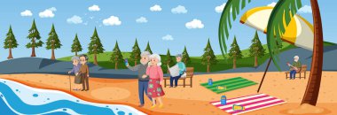 Tatil illüstrasyonunda son sınıf öğrencileriyle plaj sahnesi