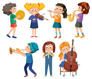 Müzik illüstrasyonu yapan bir grup farklı çocuk.