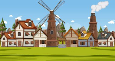Ancient medieval village background illustration