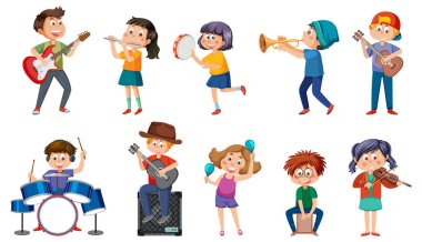 Müzik illüstrasyonu yapan bir grup farklı çocuk.
