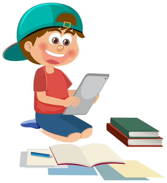 Niño Usando Tableta Para Aprender Ilustración Línea — Archivo Imágenes Vectoriales