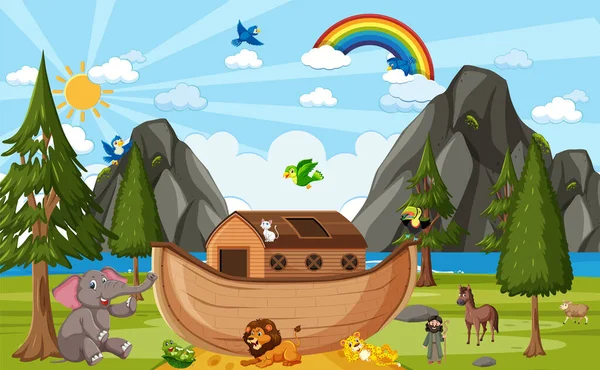 Noah Ark Met Wilde Dieren Natuur Scene Illustratie — Stockvector