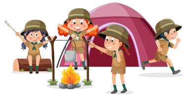 Happy children camping outdoor  illustration