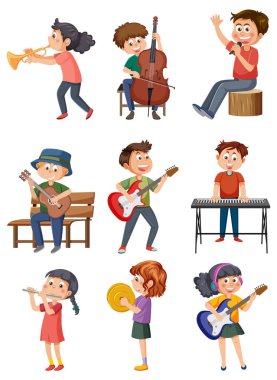 Müzik illüstrasyonu yapan bir grup farklı çocuk.
