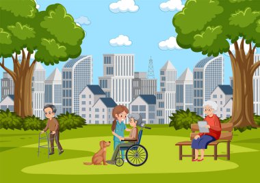 Park illüstrasyonunda bakıcısı olan yaşlı insanlar