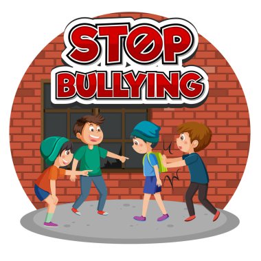 Stop Bullying text with cartoon character illustration