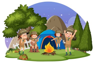 Children camping out forest scene illustration