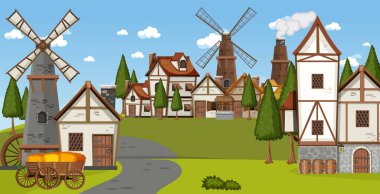 Ancient medieval village background illustration