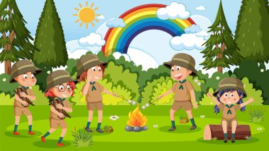 Children camping out forest scene illustration