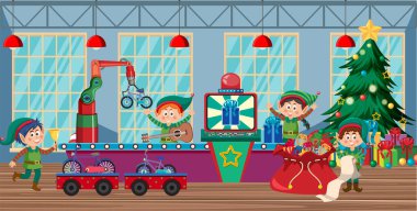 Elf ve Noel Baba Noel için hediye hazırlıyorlar.
