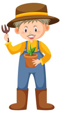 Yaşlı adam beyaz arkaplanda bitki tutuyor.