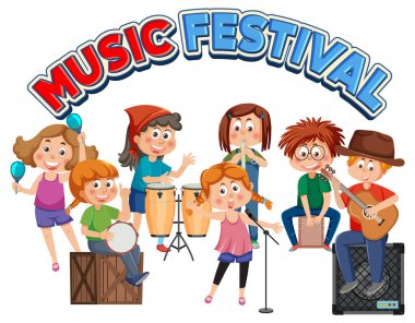 Müzik festivali metninde müzik enstrümanı çizimi yapan çocuklar