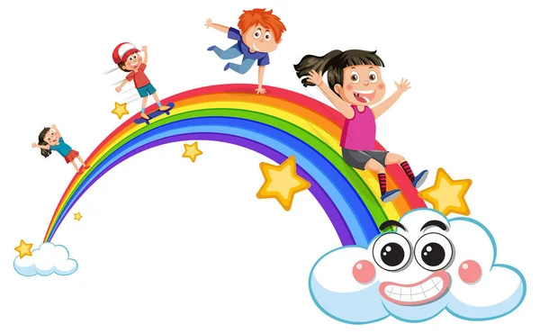 Glückliche Kinder Mit Regenbogen Illustration — Stockvektor