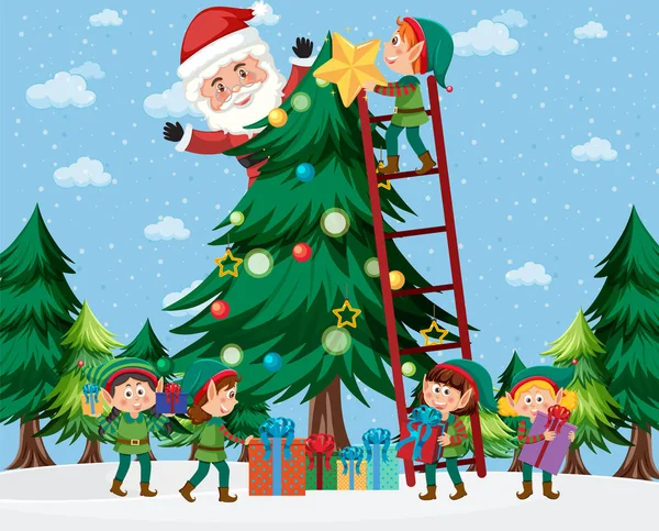 Kinderen Elf Kostuum Kerstman Versieren Kerstboom Illustratie — Stockvector