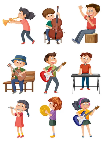 Conjunto Diferentes Niños Jugando Ilustración Musical — Archivo Imágenes Vectoriales