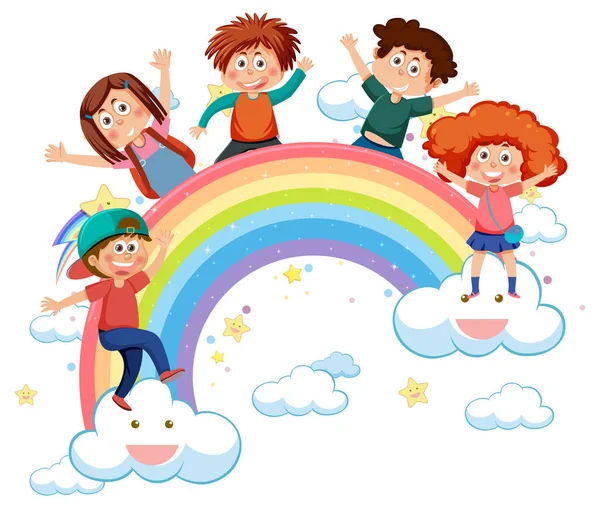 Glückliche Kinder Mit Regenbogen Illustration — Stockvektor