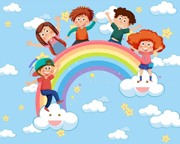 Szczęśliwe Dzieci Niebie Tęczową Ilustracją — Wektor stockowy