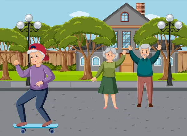 Elderly People Doing Activity Park Illustration — Stock Vector