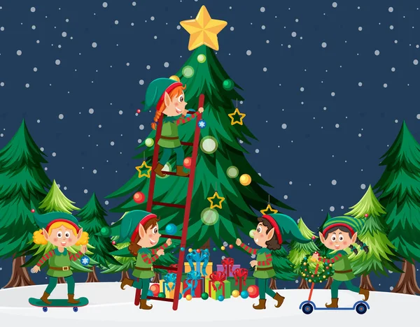 Children Elf Costume Decorating Christmas Tree Illustration — Stock Vector