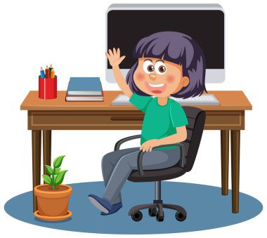 İnternette bilgisayar illüstrasyonuyla çalışan bir kız