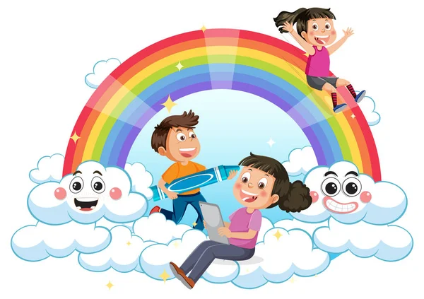 Niños Felices Con Ilustración Arco Iris — Vector de stock