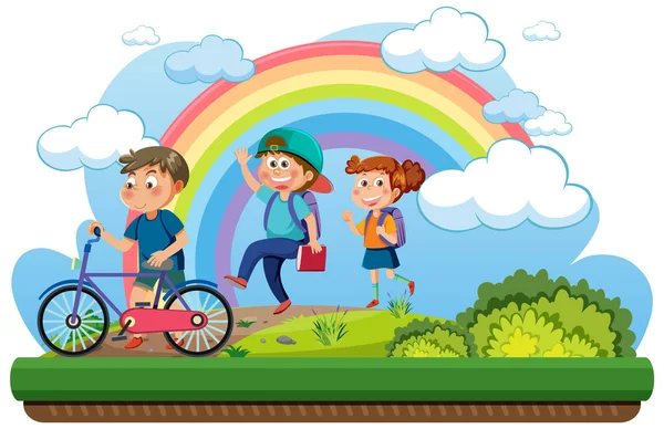 Çizgi film mutlu çocuklar yürüme çizimi