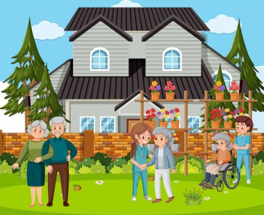 Yaşlılar ve bakıcı illüstrasyonuyla açık hava parkı