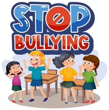 Stop Bullying text with cartoon character illustration