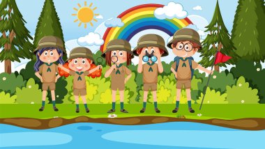 Children camping out forest scene illustration