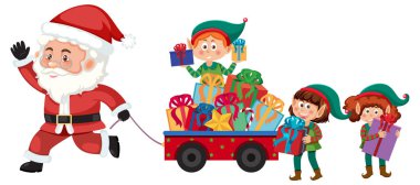 Noel Baba ve elflerin Noel illüstrasyonu için hediyesi.
