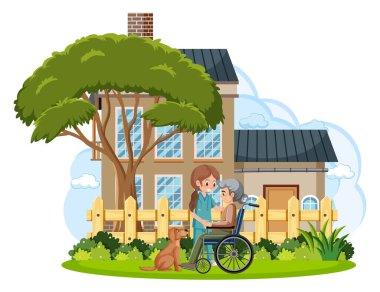 Bakıcı illüstrasyonuyla tekerlekli sandalyedeki kıdemli hasta