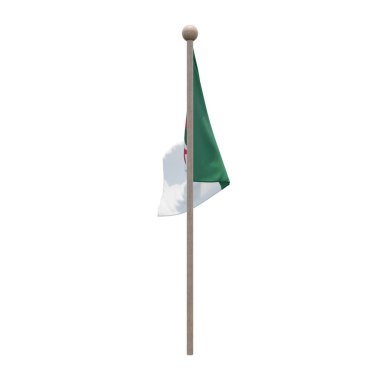 Algeria 3d illustration flag on pole. Wood flagpole