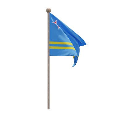 Aruba 3d illustration flag on pole. Wood flagpole