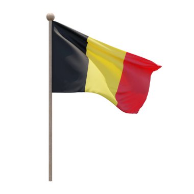Belgium 3d illustration flag on pole. Wood flagpole