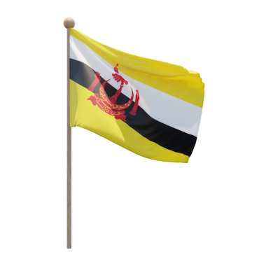 Brunei 3d illustration flag on pole. Wood flagpole
