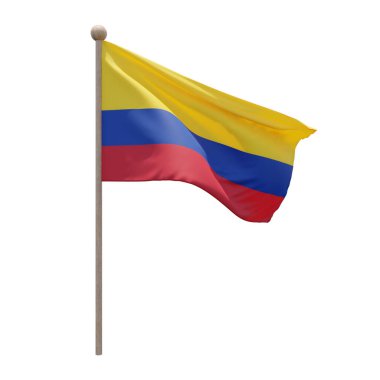 Colombia 3d illustration flag on pole. Wood flagpole