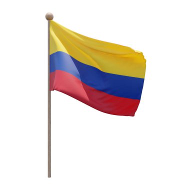 Colombia 3d illustration flag on pole. Wood flagpole