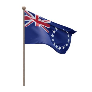 Cook Islands 3d illustration flag on pole. Wood flagpole