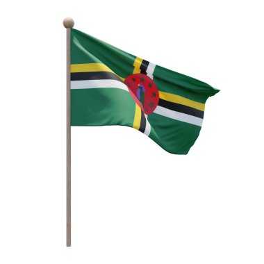 Dominica 3d illustration flag on pole. Wood flagpole