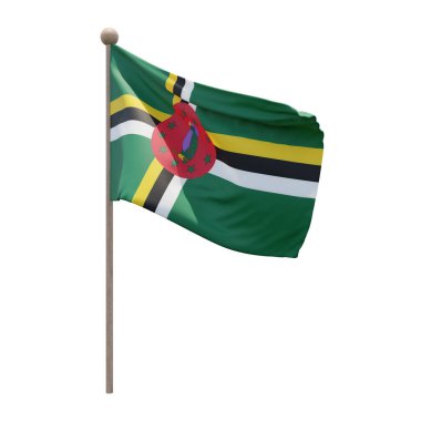 Dominica 3d illustration flag on pole. Wood flagpole