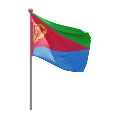 Eritrea 3d illustration flag on pole. Wood flagpole