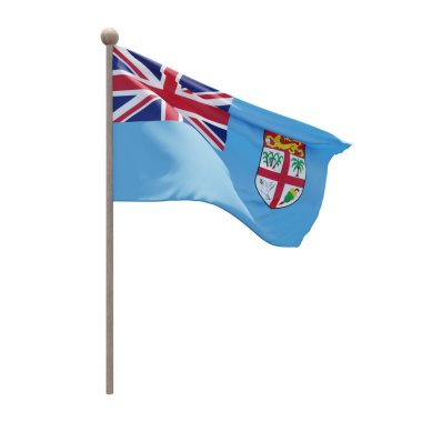 Fiji 3d illustration flag on pole. Wood flagpole