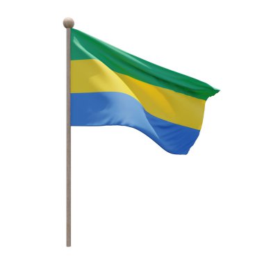 Gabon 3d illustration flag on pole. Wood flagpole