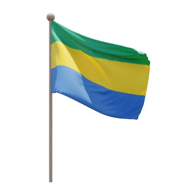 Gabon 3d illustration flag on pole. Wood flagpole