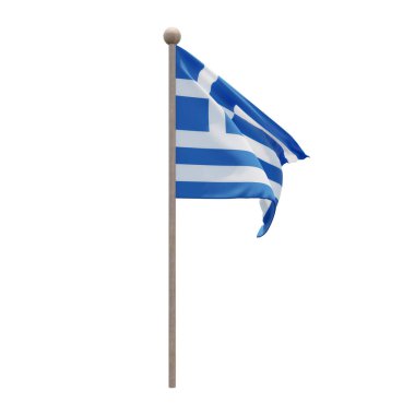 Greece 3d illustration flag on pole. Wood flagpole
