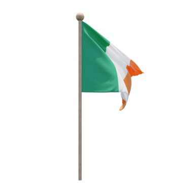 Ireland 3d illustration flag on pole. Wood flagpole