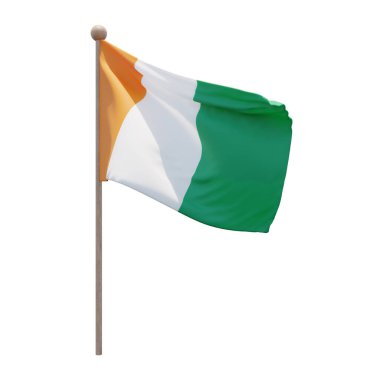 Ivory Coast 3d illustration flag on pole. Wood flagpole