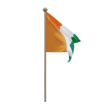 Ivory Coast 3d illustration flag on pole. Wood flagpole